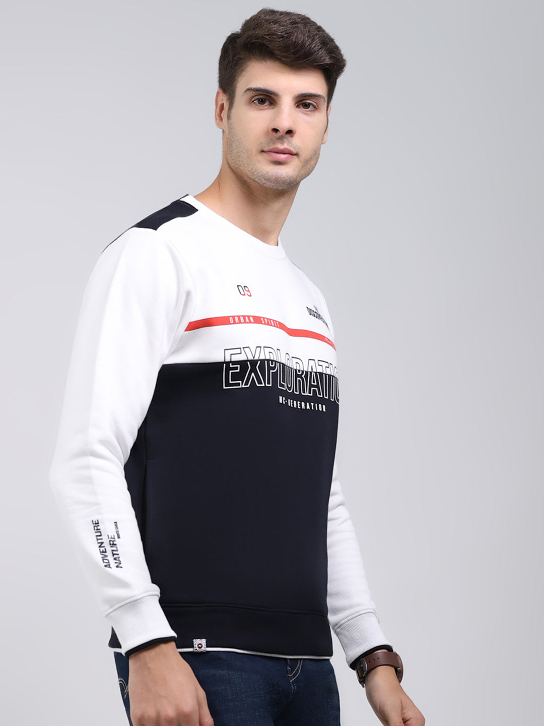 Men Navy Blue Printed Round Neck Full Sleeve Sweatshirt