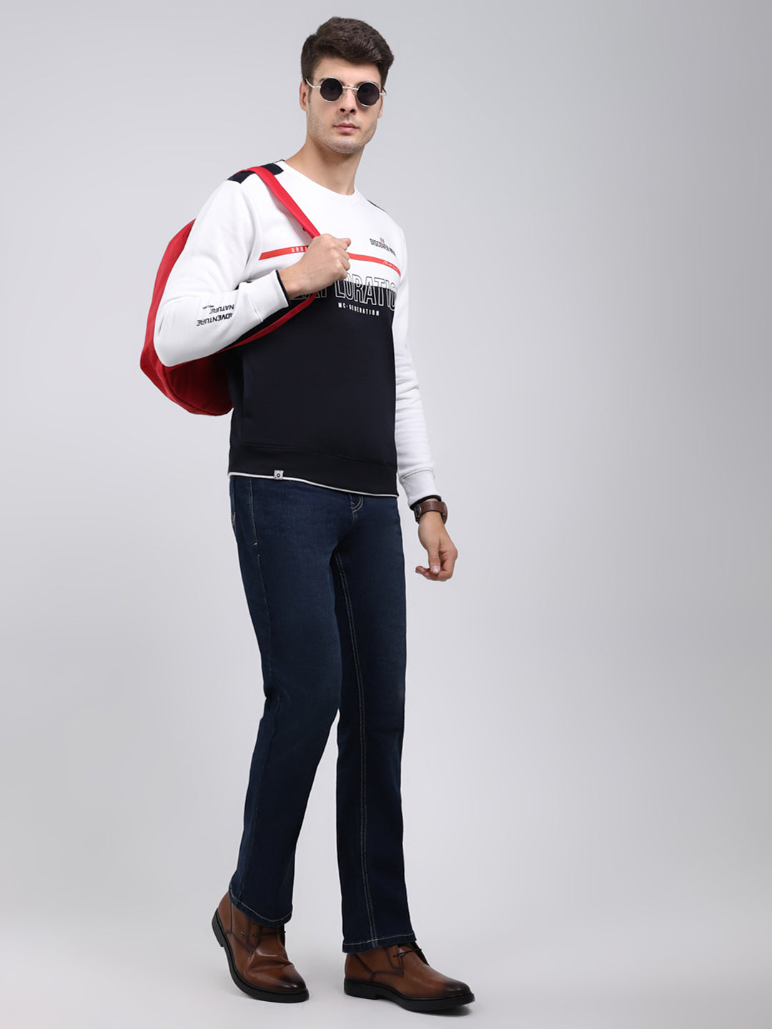Men Navy Blue Printed Round Neck Full Sleeve Sweatshirt