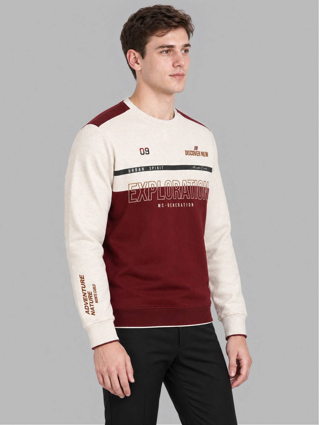 Men Maroon Printed Round Neck Full Sleeve Sweatshirt