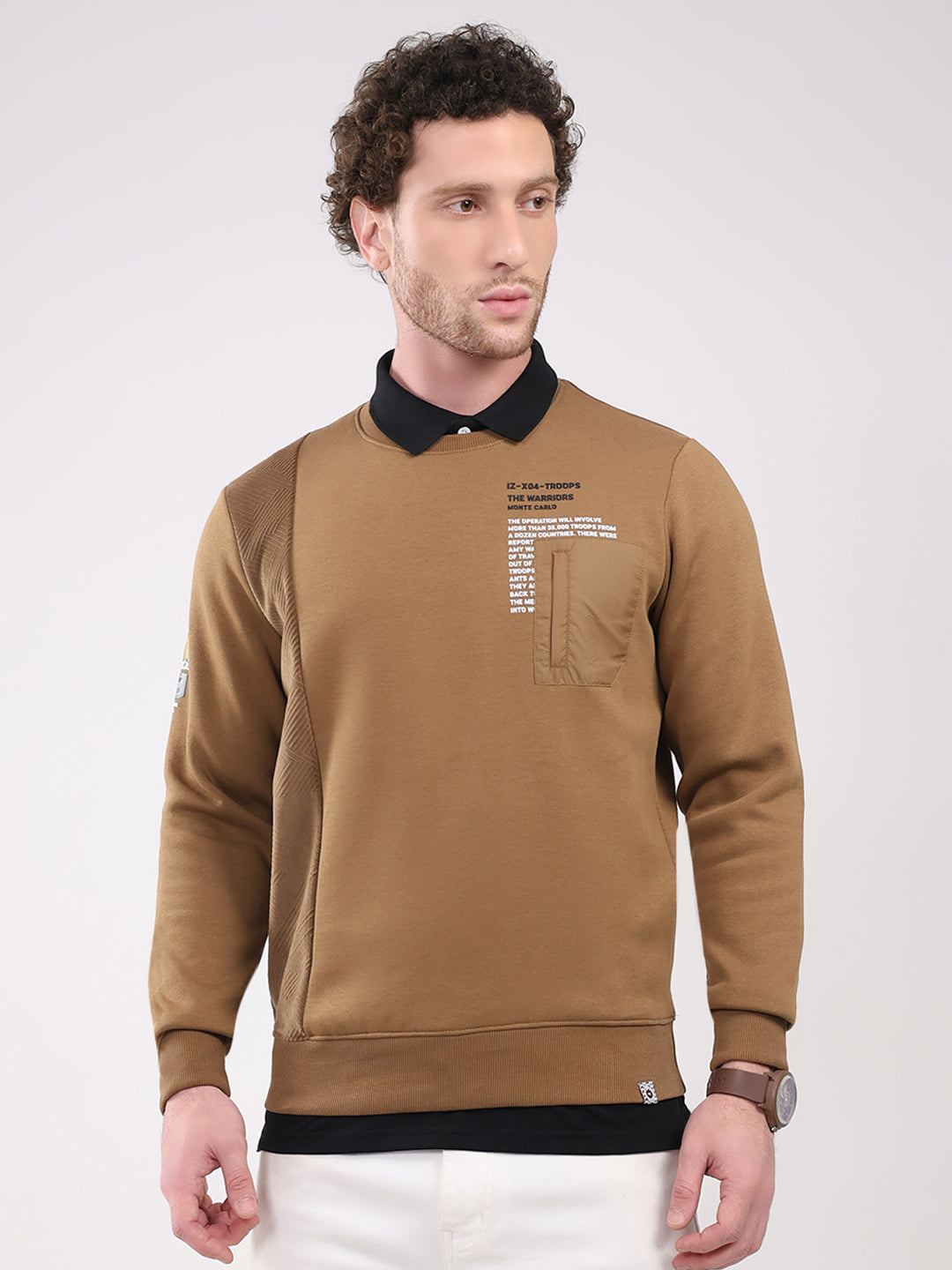 Men Camel Brown Printed Round Neck Full Sleeve Sweatshirt