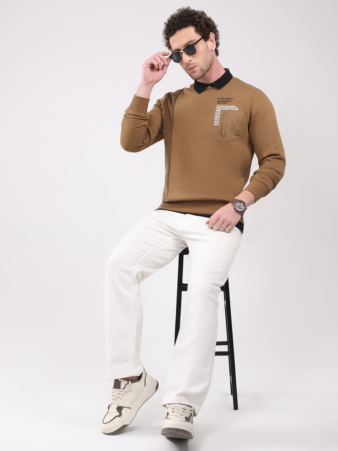 Men Camel Brown Printed Round Neck Full Sleeve Sweatshirt