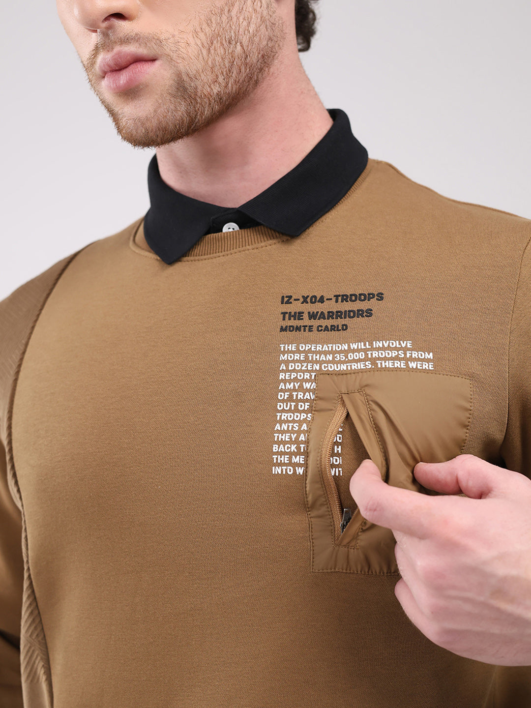 Men Camel Brown Printed Round Neck Full Sleeve Sweatshirt