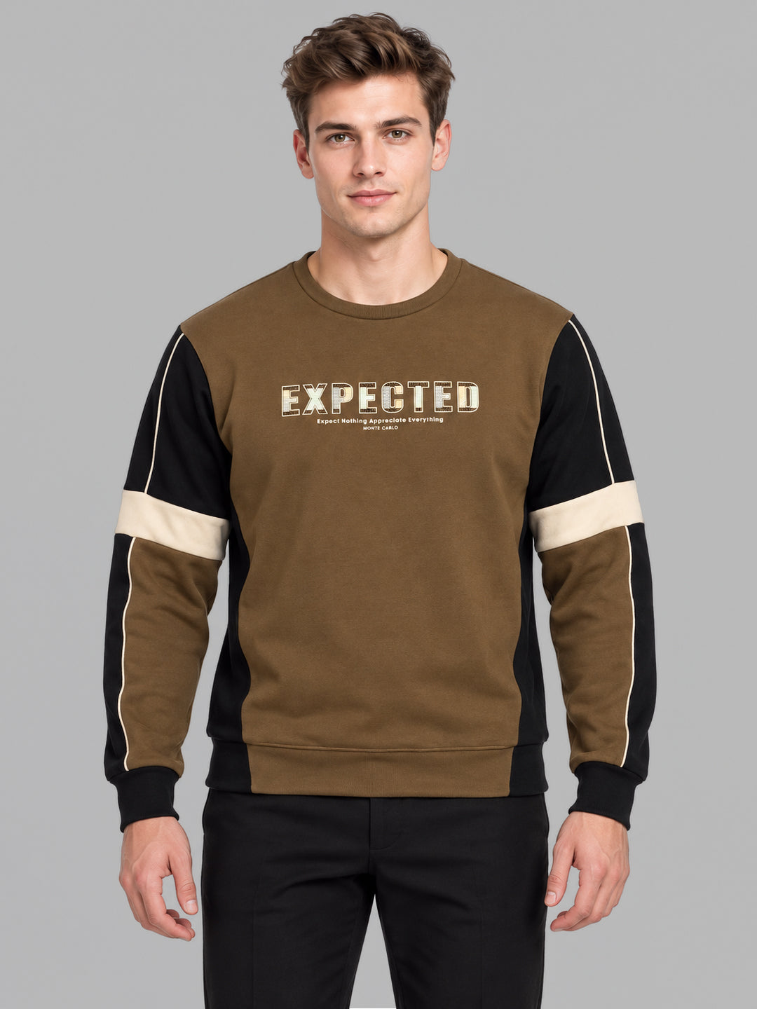Men Brown Printed Round Neck Full Sleeve Sweatshirt