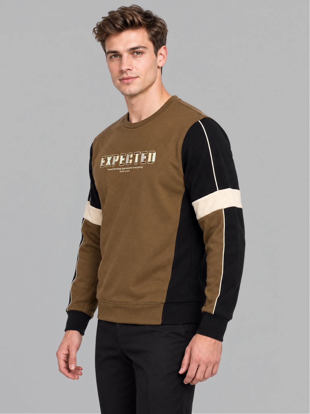 Men Brown Printed Round Neck Full Sleeve Sweatshirt
