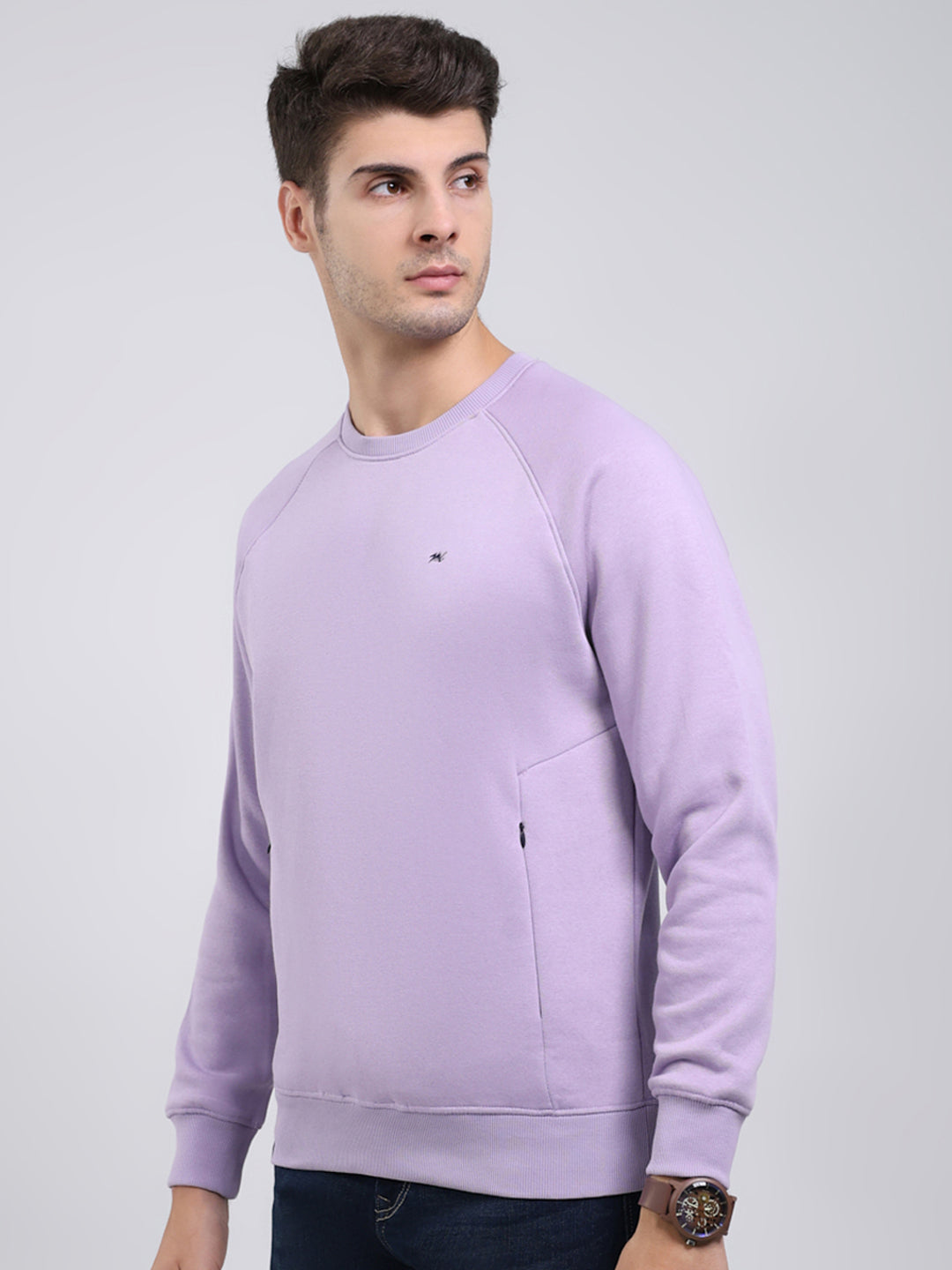 Men Purple Solid Round Neck Full Sleeve Sweatshirt
