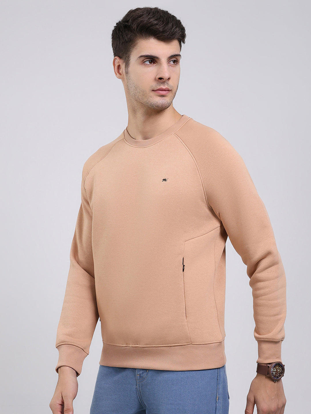 Men Khaki Solid Round Neck Full Sleeve Sweatshirt