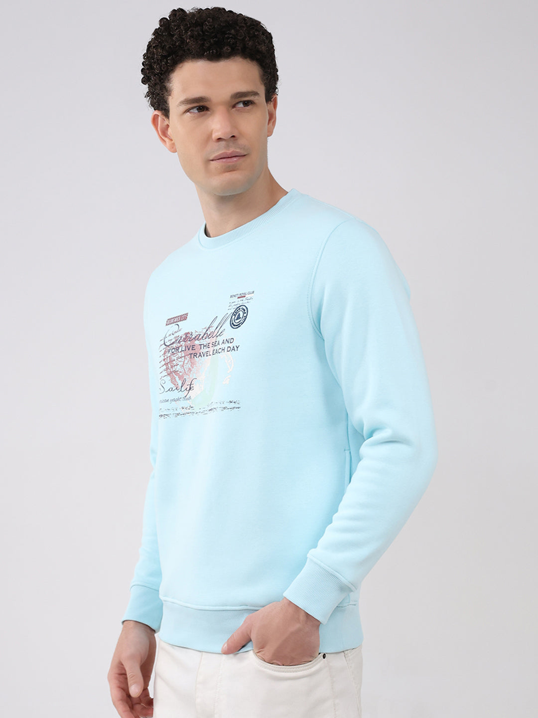 Men Sky Blue Printed Round Neck Full Sleeve Sweatshirt