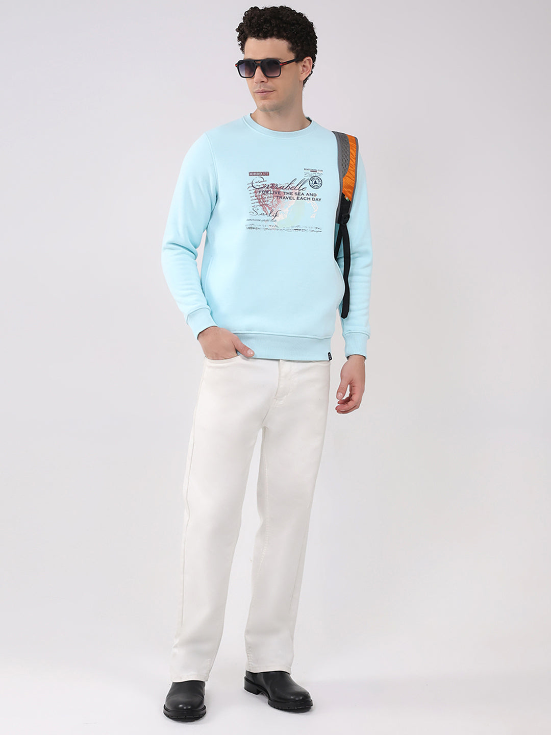 Men Sky Blue Printed Round Neck Full Sleeve Sweatshirt