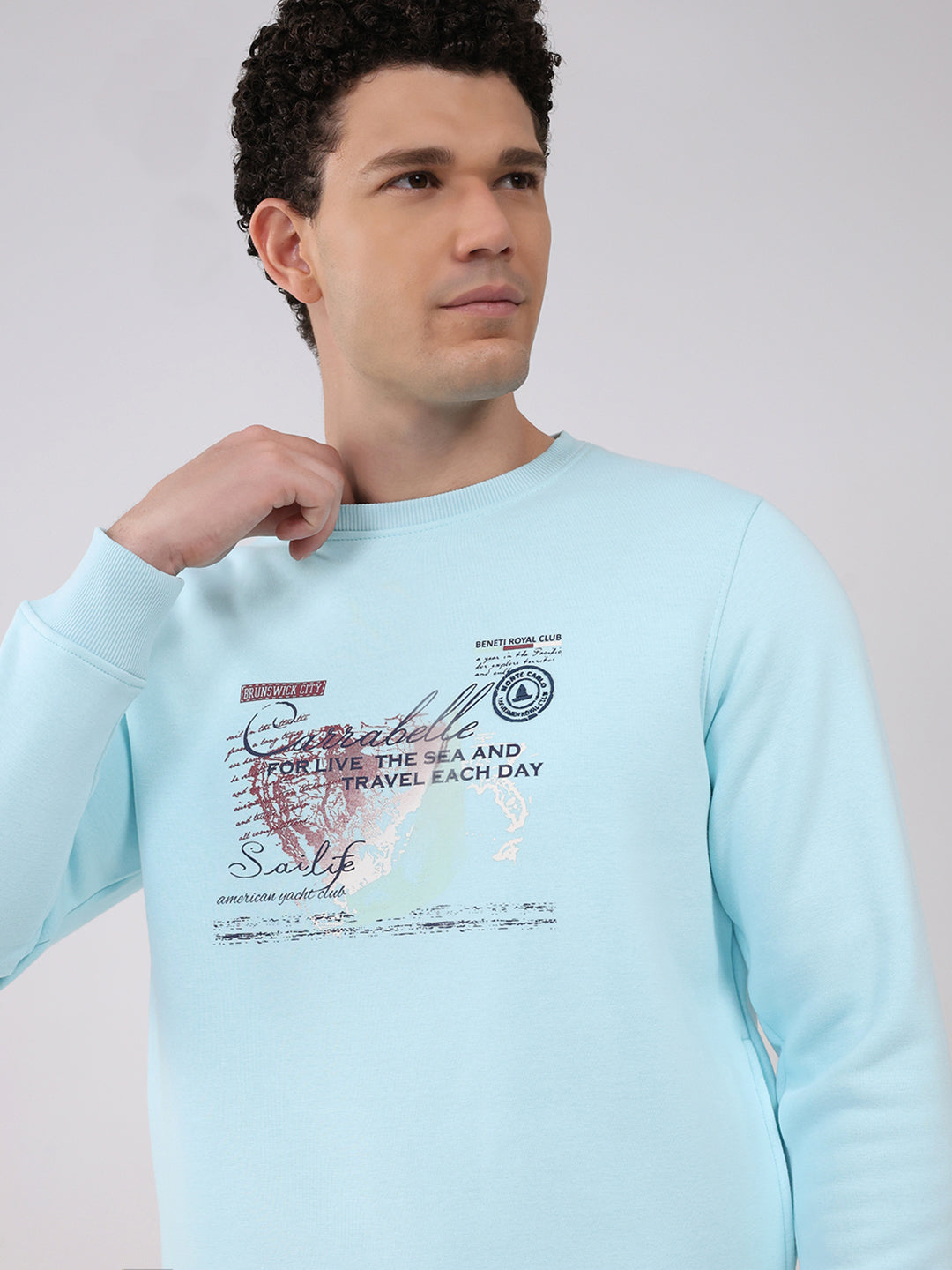Men Sky Blue Printed Round Neck Full Sleeve Sweatshirt