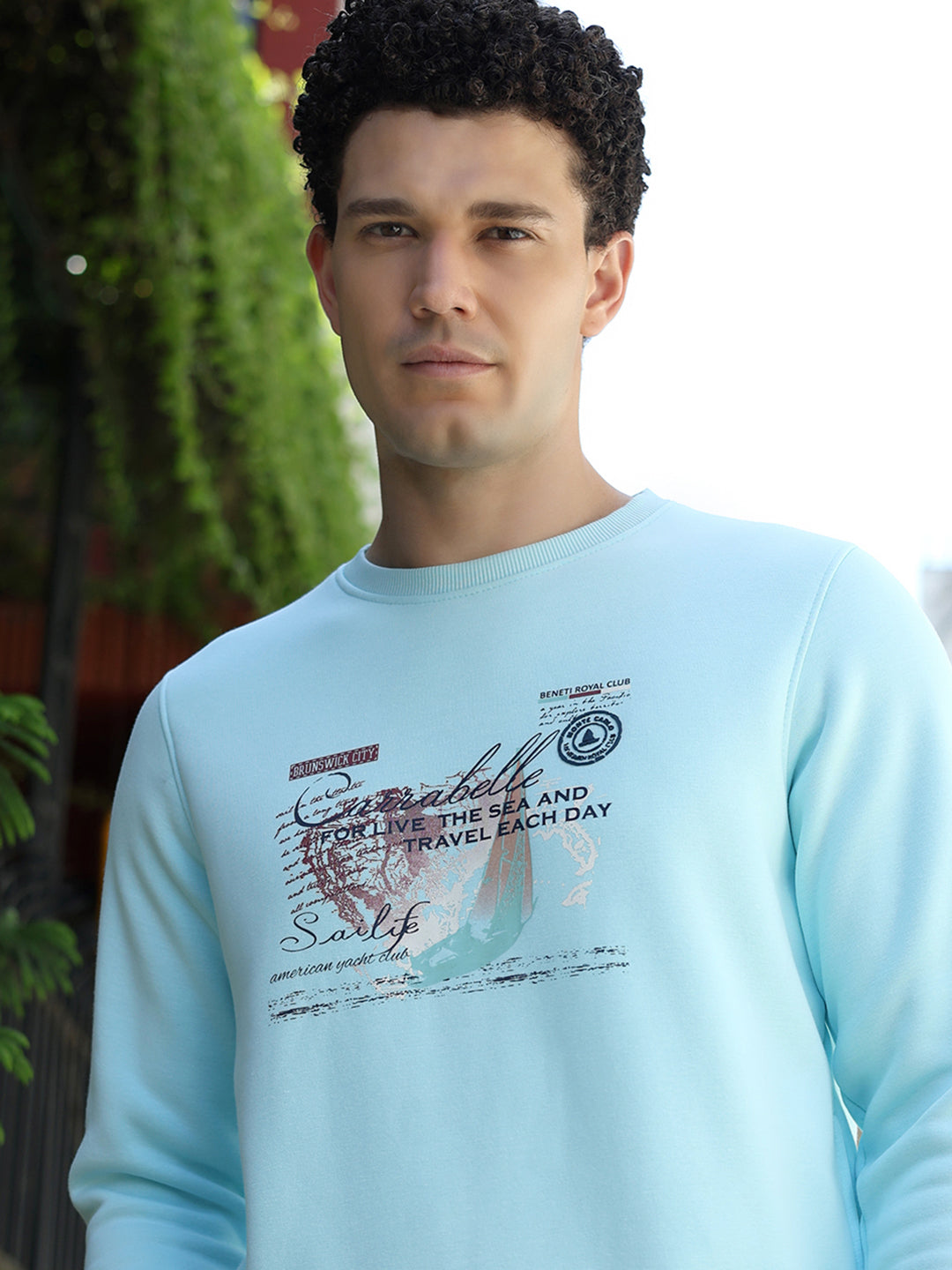 Men Sky Blue Printed Round Neck Full Sleeve Sweatshirt
