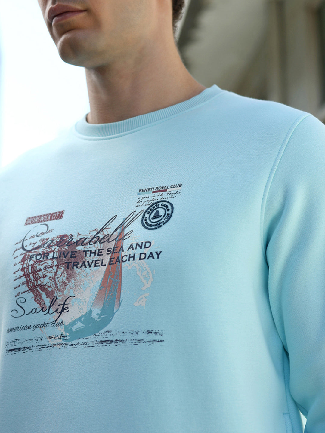 Men Sky Blue Printed Round Neck Full Sleeve Sweatshirt