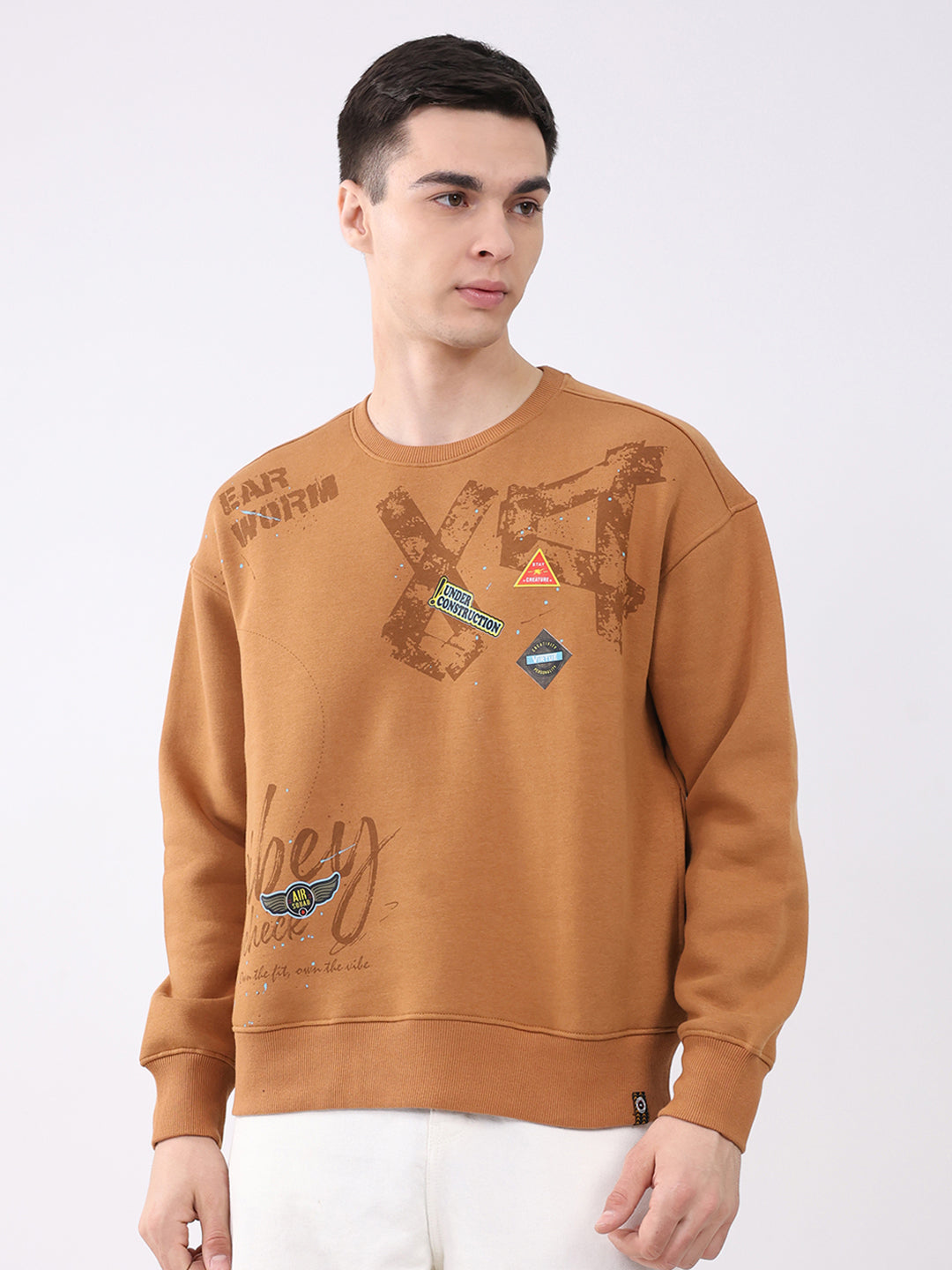 Men Tan Printed Round Neck Full Sleeve Sweatshirt
