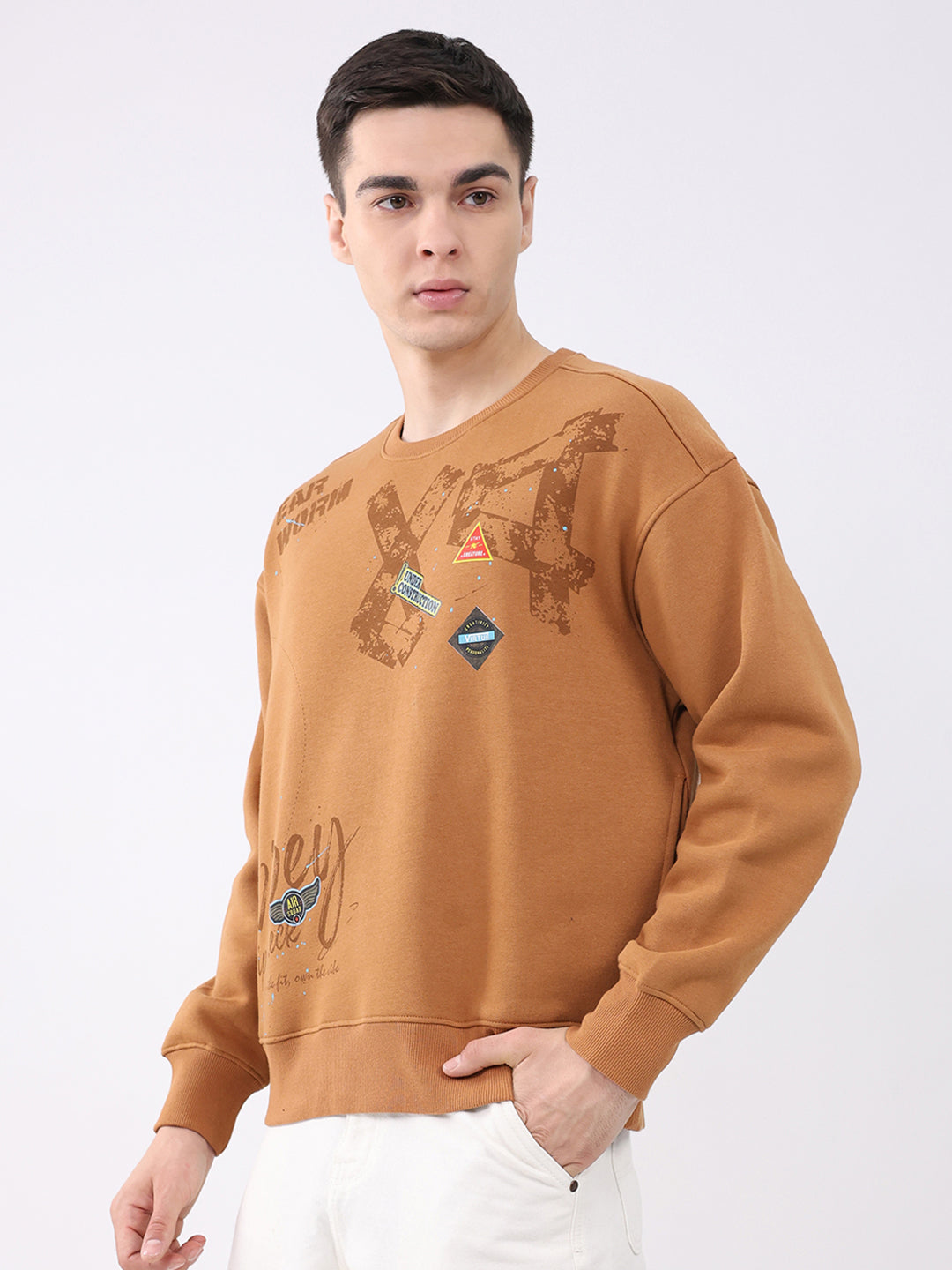 Men Tan Printed Round Neck Full Sleeve Sweatshirt