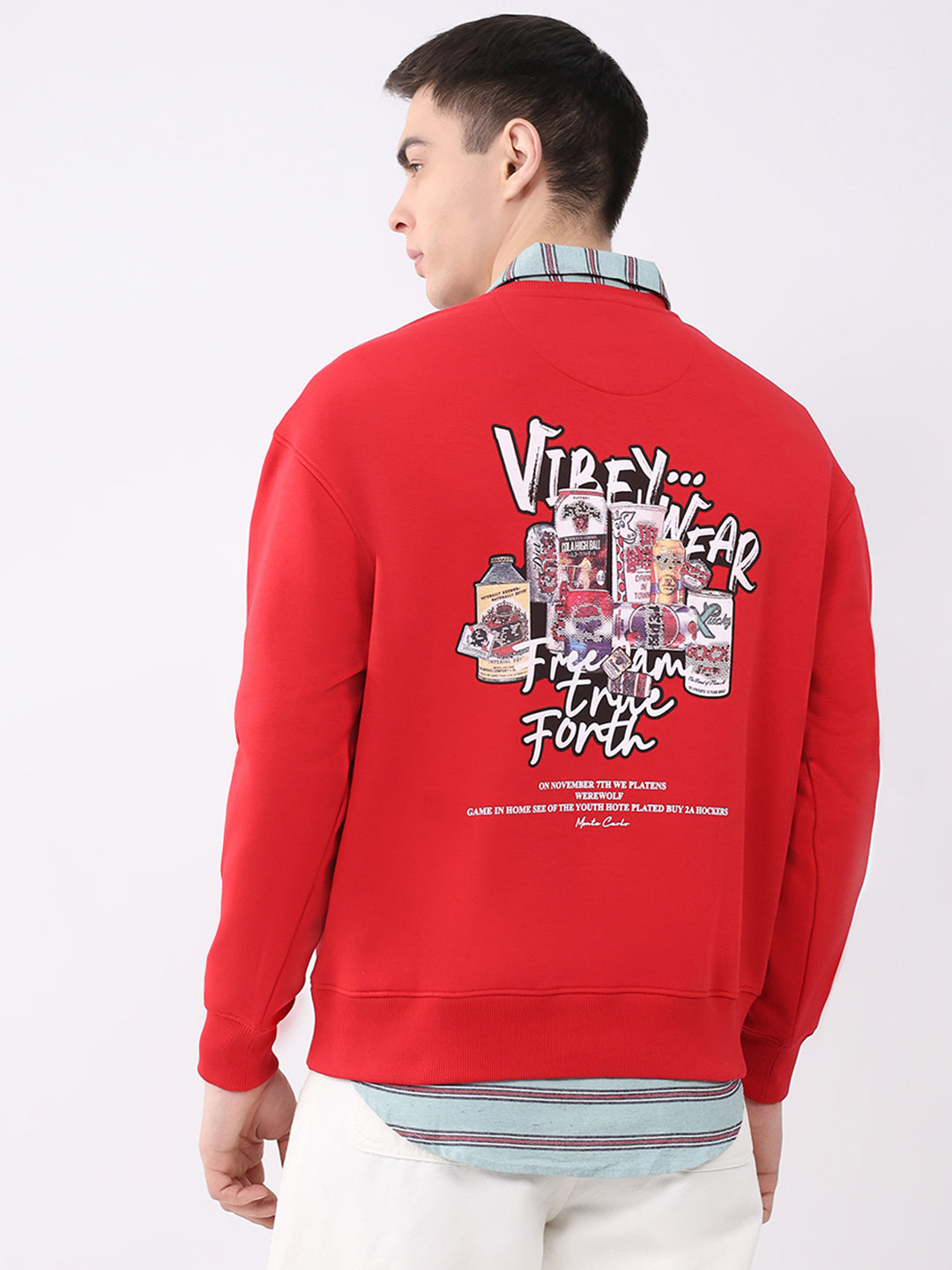 Men Red Printed Round Neck Full Sleeve Sweatshirt