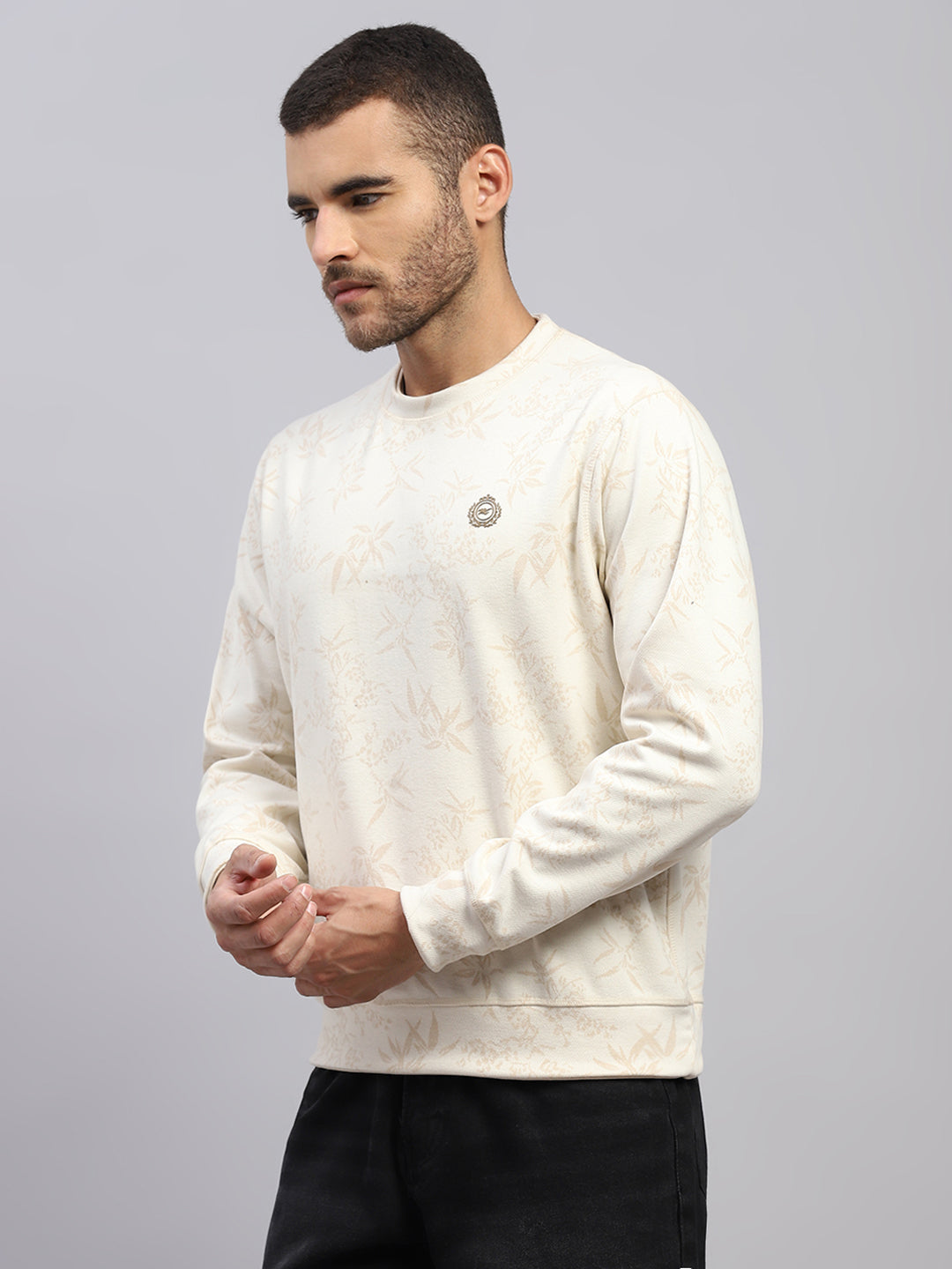 Men Beige Printed Round Neck Full Sleeve Reversible Sweatshirt