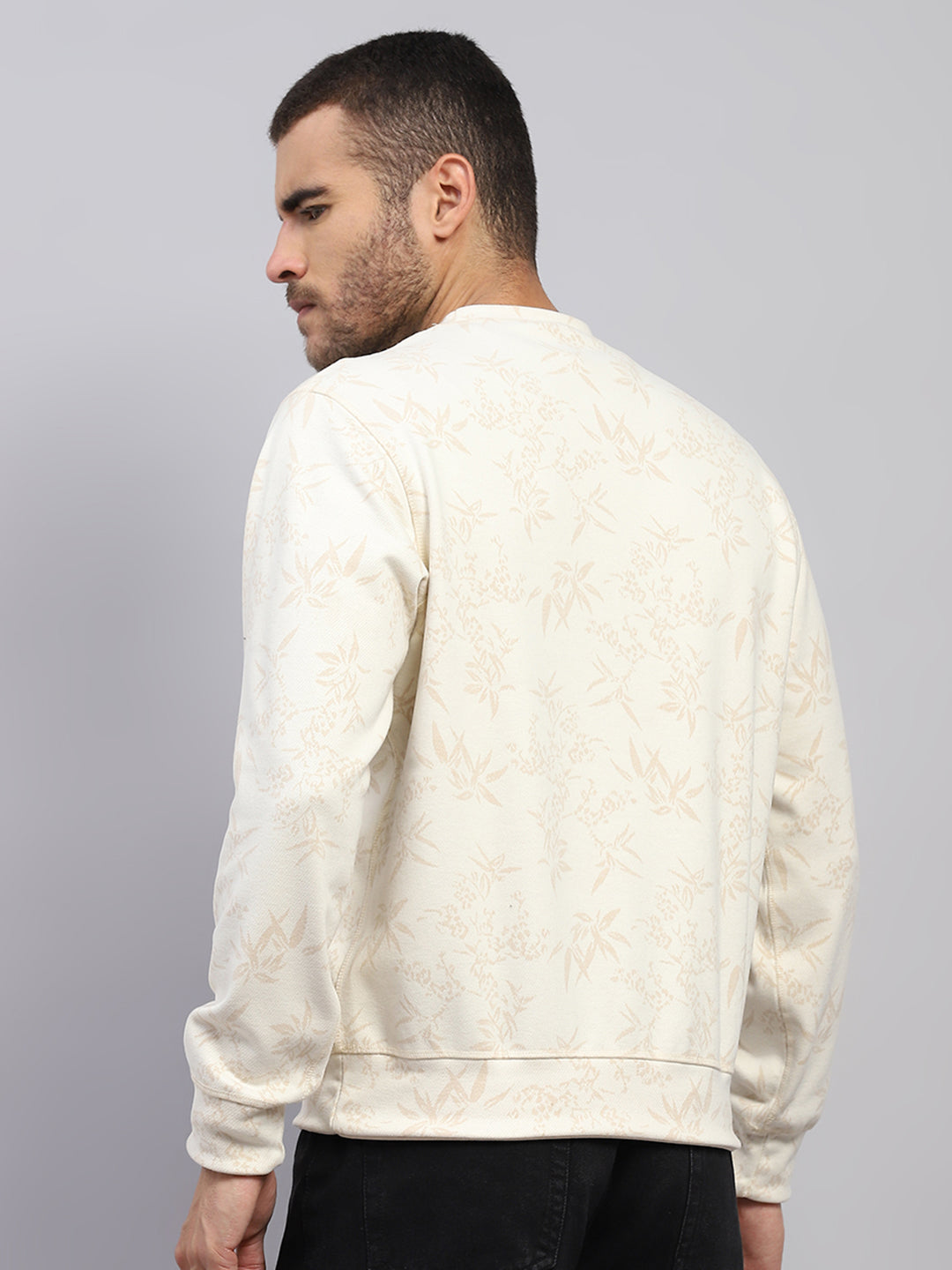Men Beige Printed Round Neck Full Sleeve Reversible Sweatshirt