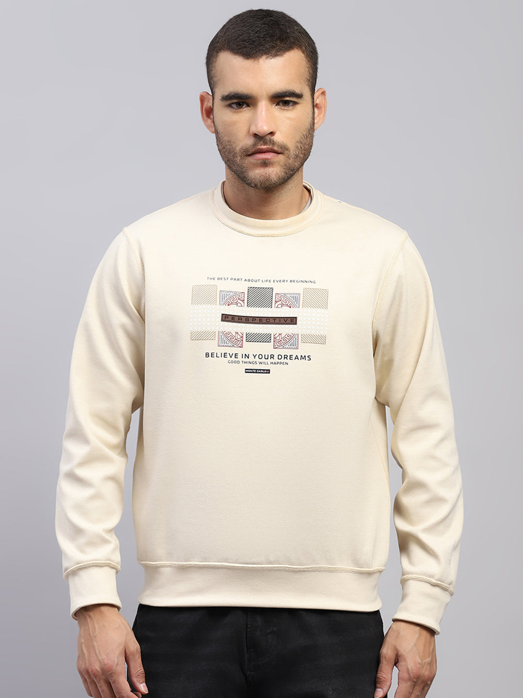 Men Beige Printed Round Neck Full Sleeve Reversible Sweatshirt