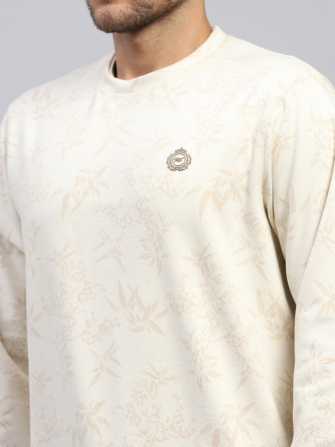 Men Beige Printed Round Neck Full Sleeve Reversible Sweatshirt