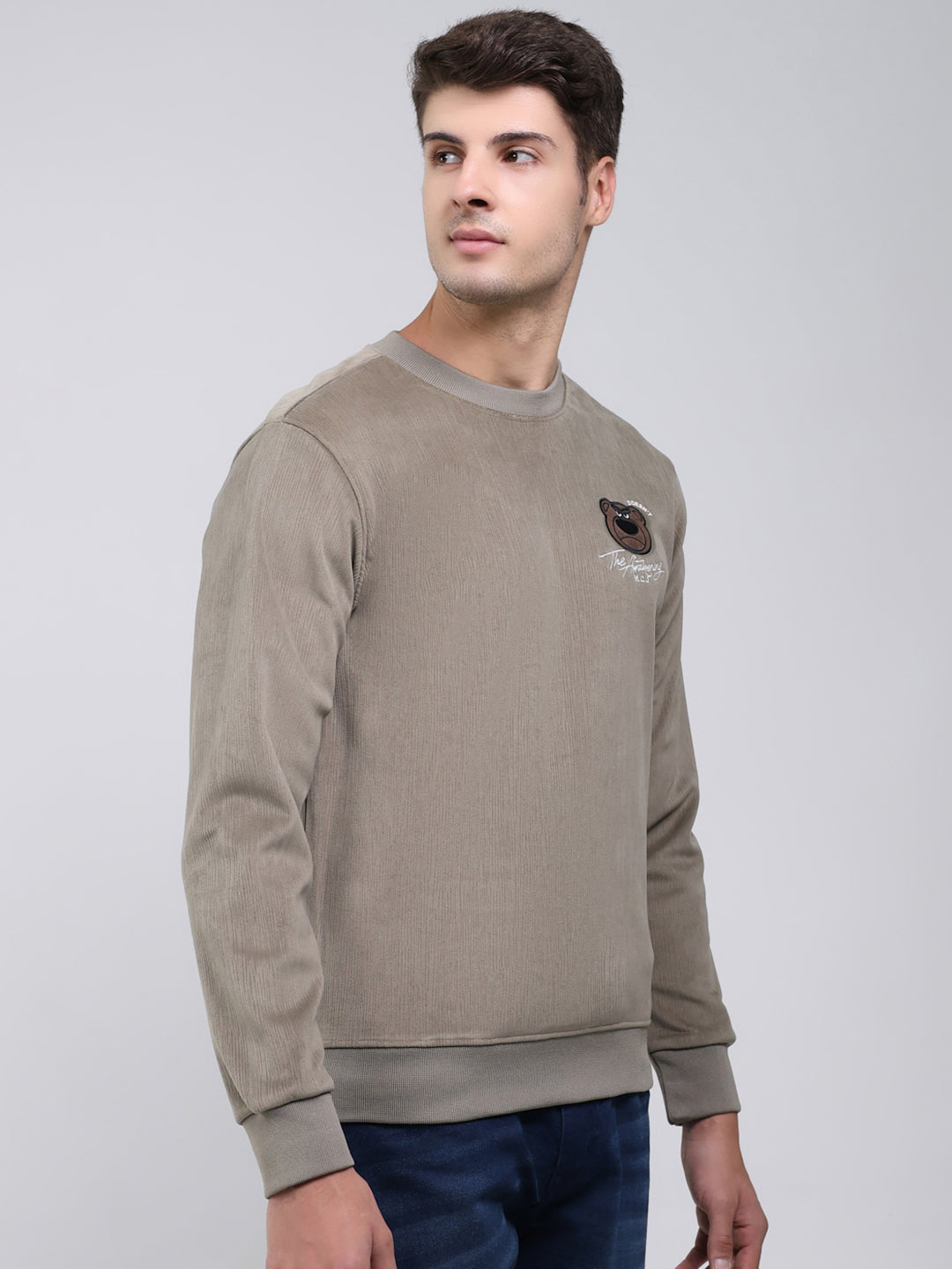 Men Olive Printed Round Neck Full Sleeve Sweatshirt
