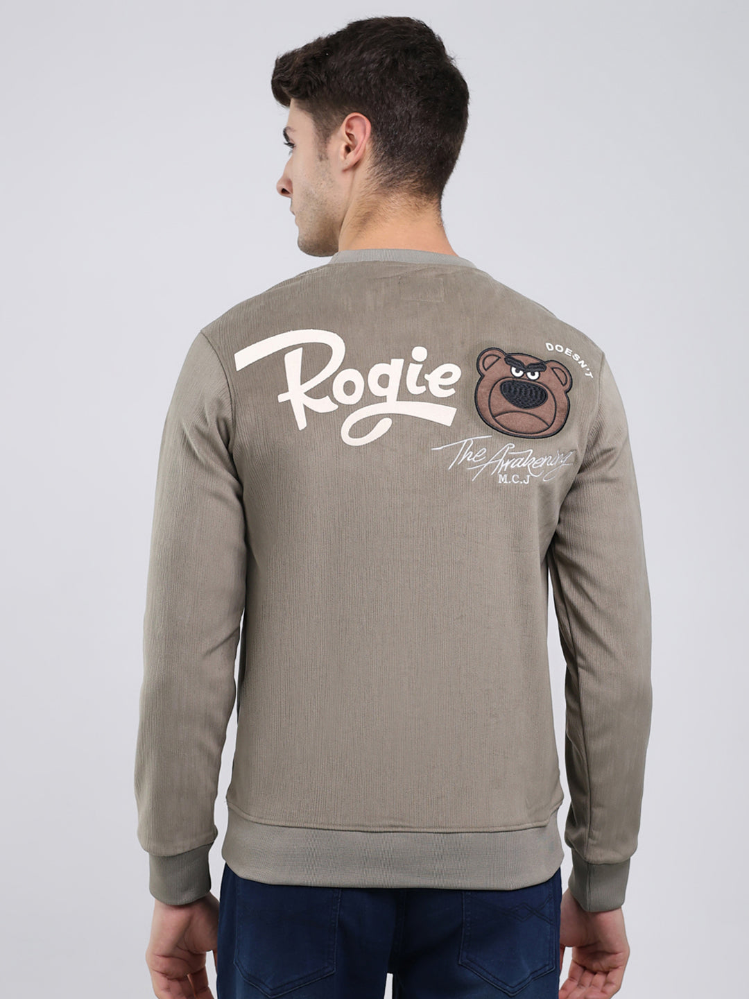 Men Olive Printed Round Neck Full Sleeve Sweatshirt
