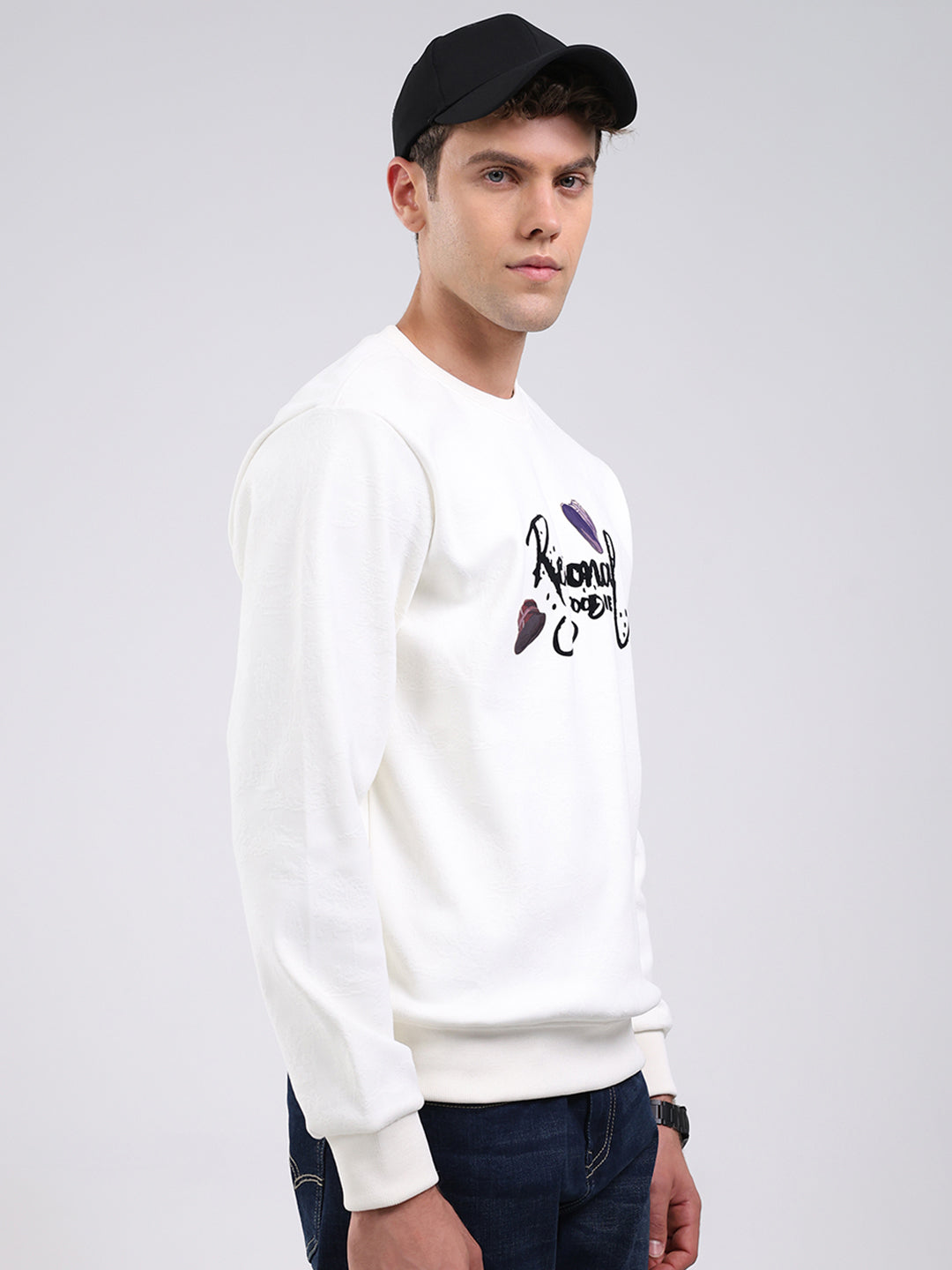 Men Off White Printed Round Neck Full Sleeve Sweatshirt -Super Soft & Extra Warm (Bonded Fabric)