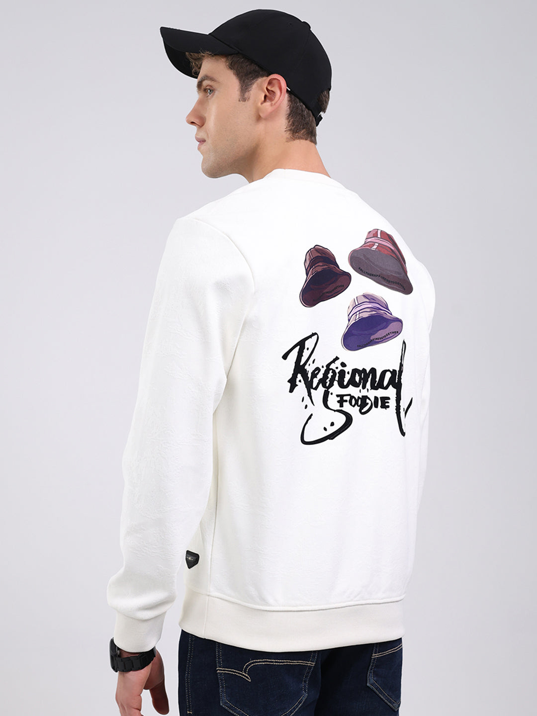 Men Off White Printed Round Neck Full Sleeve Sweatshirt -Super Soft & Extra Warm (Bonded Fabric)