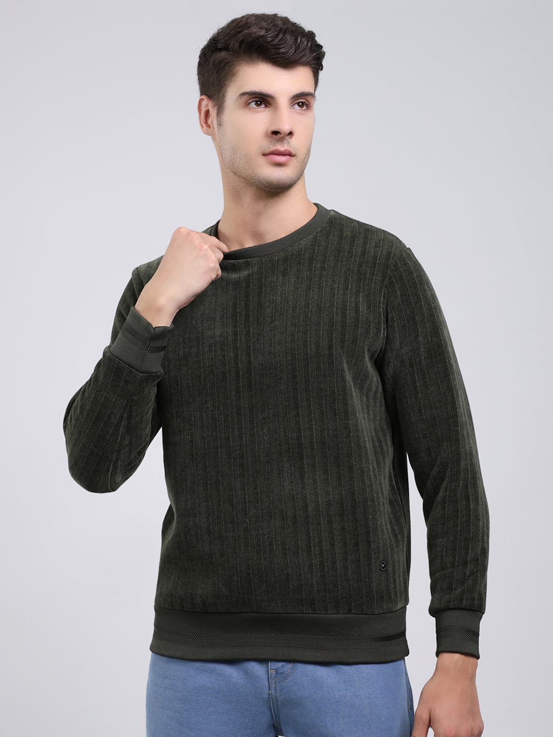Men Green Self Design Round Neck Full Sleeve Sweatshirt