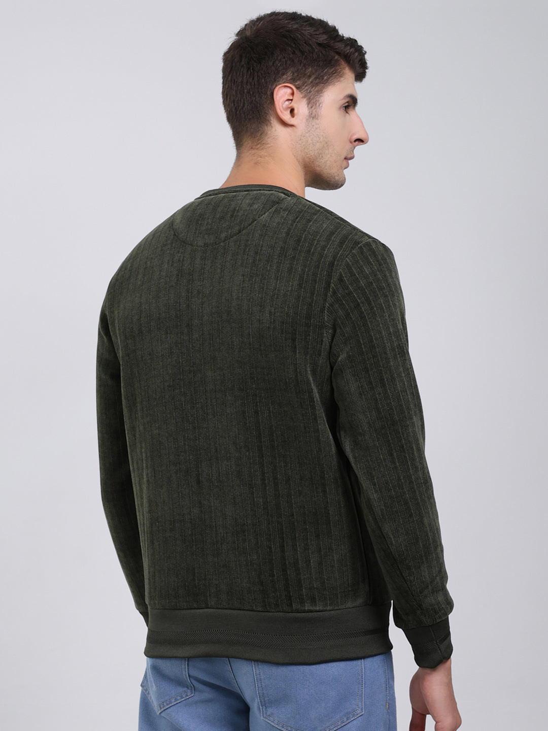 Men Green Self Design Round Neck Full Sleeve Sweatshirt