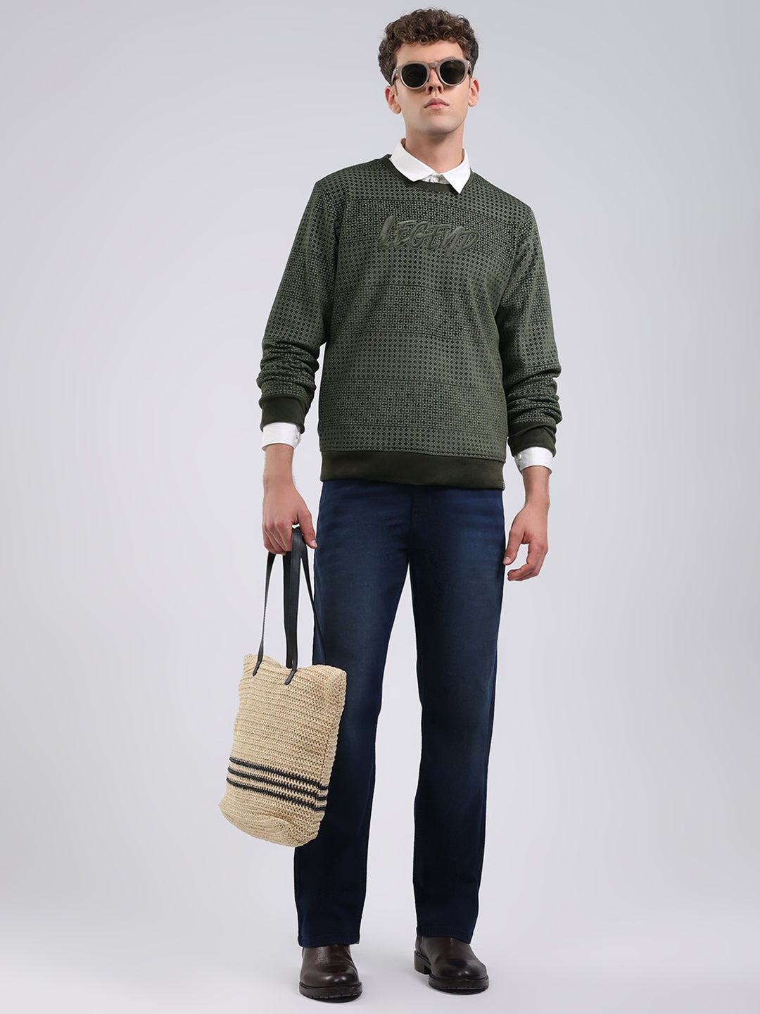 Men Olive Printed Round Neck Full Sleeve Sweatshirt