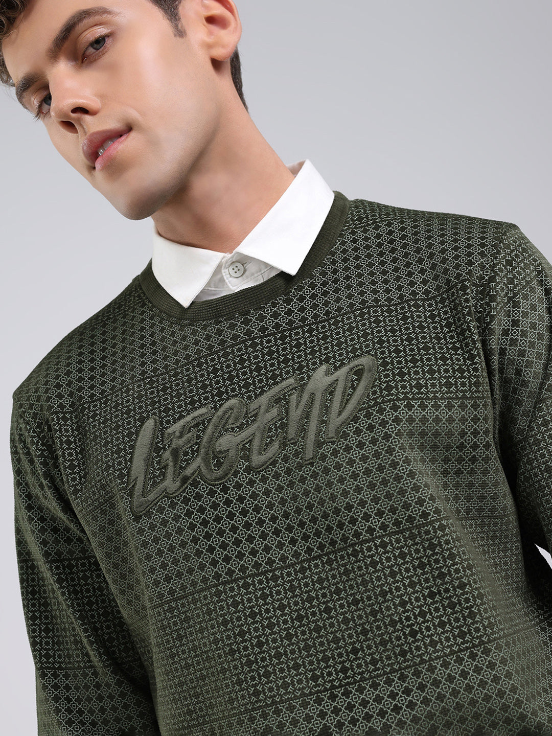 Men Olive Printed Round Neck Full Sleeve Sweatshirt