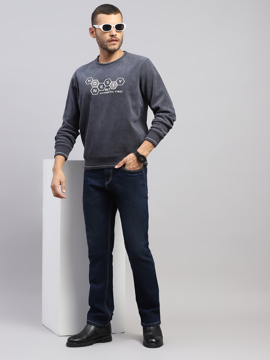 Men Grey Printed Round Neck Full Sleeve Sweatshirt