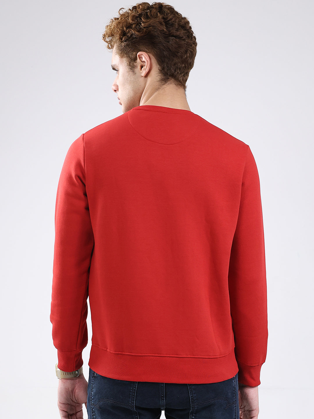Men Red Solid Round Neck Full Sleeve Sweatshirt