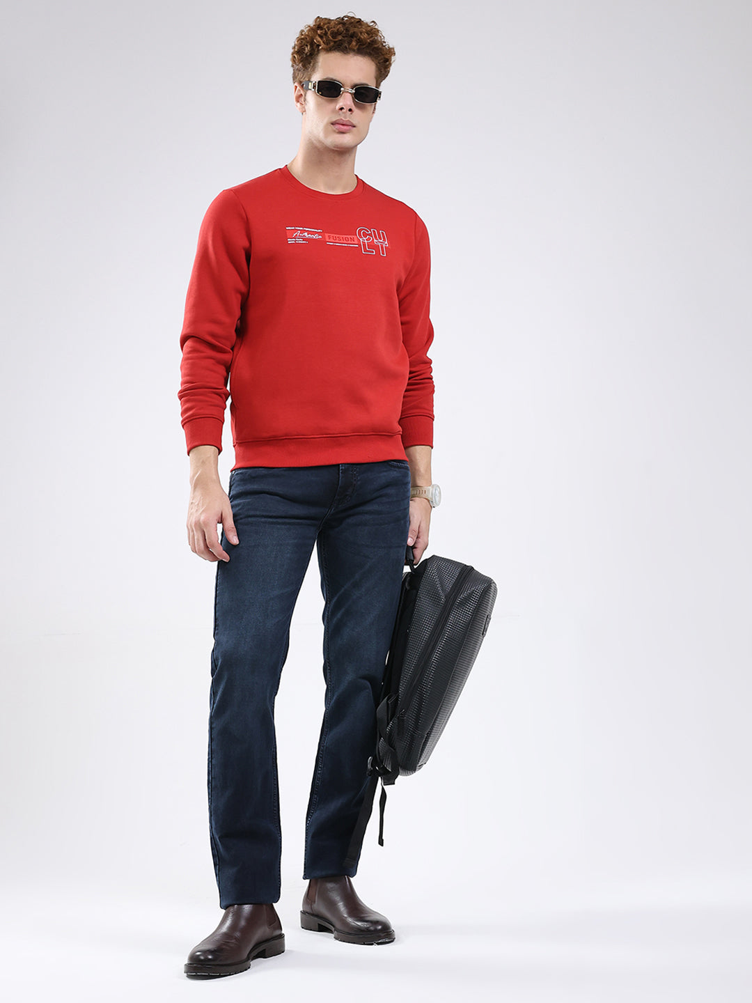 Men Red Solid Round Neck Full Sleeve Sweatshirt