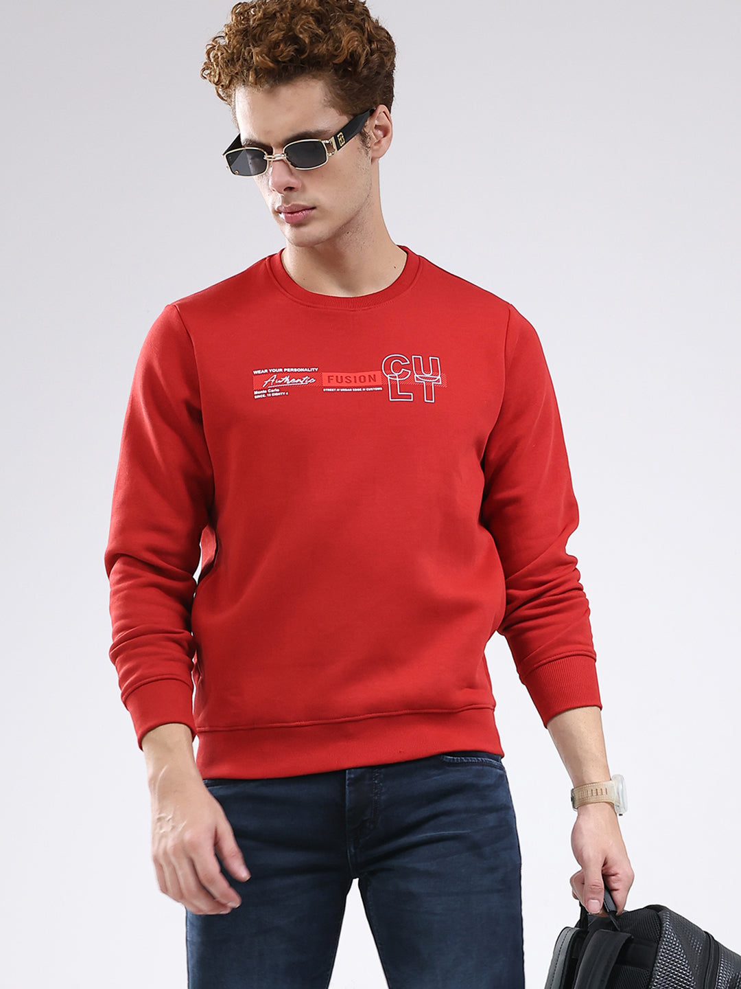 Men Red Solid Round Neck Full Sleeve Sweatshirt