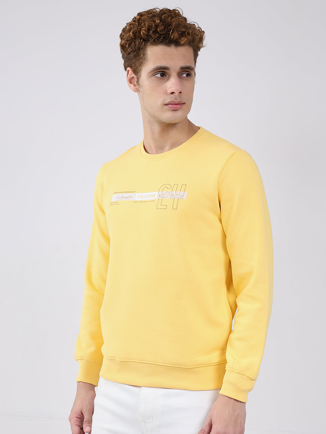 Men Yellow Solid Round Neck Full Sleeve Sweatshirt