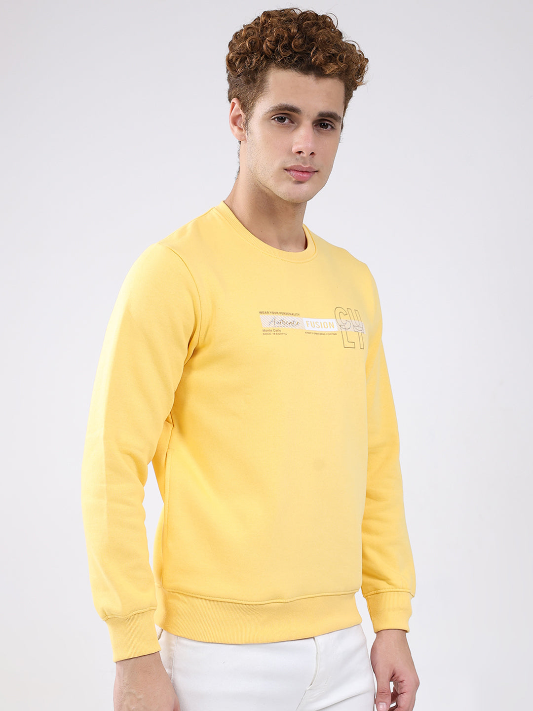 Men Yellow Solid Round Neck Full Sleeve Sweatshirt