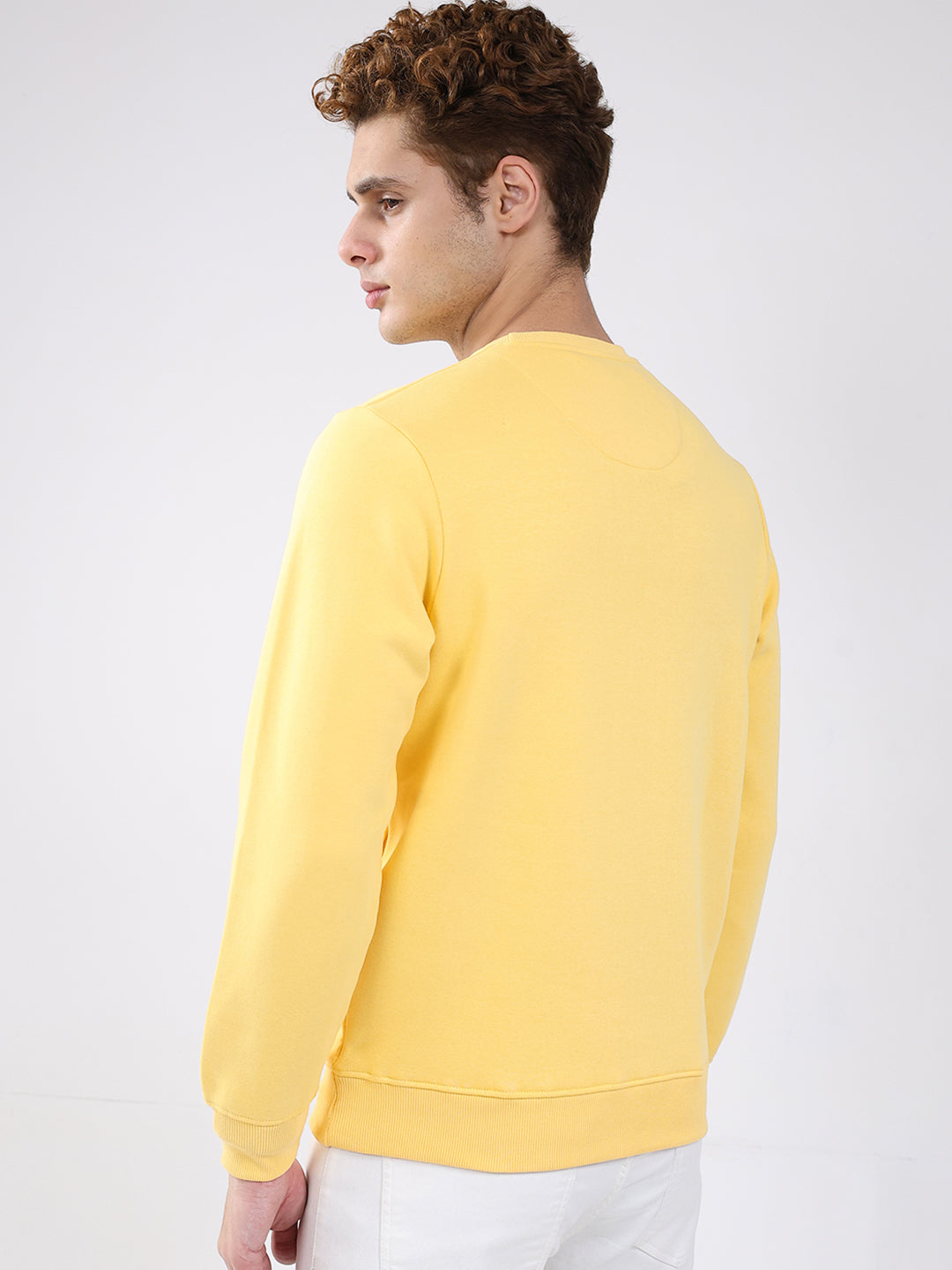 Men Yellow Solid Round Neck Full Sleeve Sweatshirt