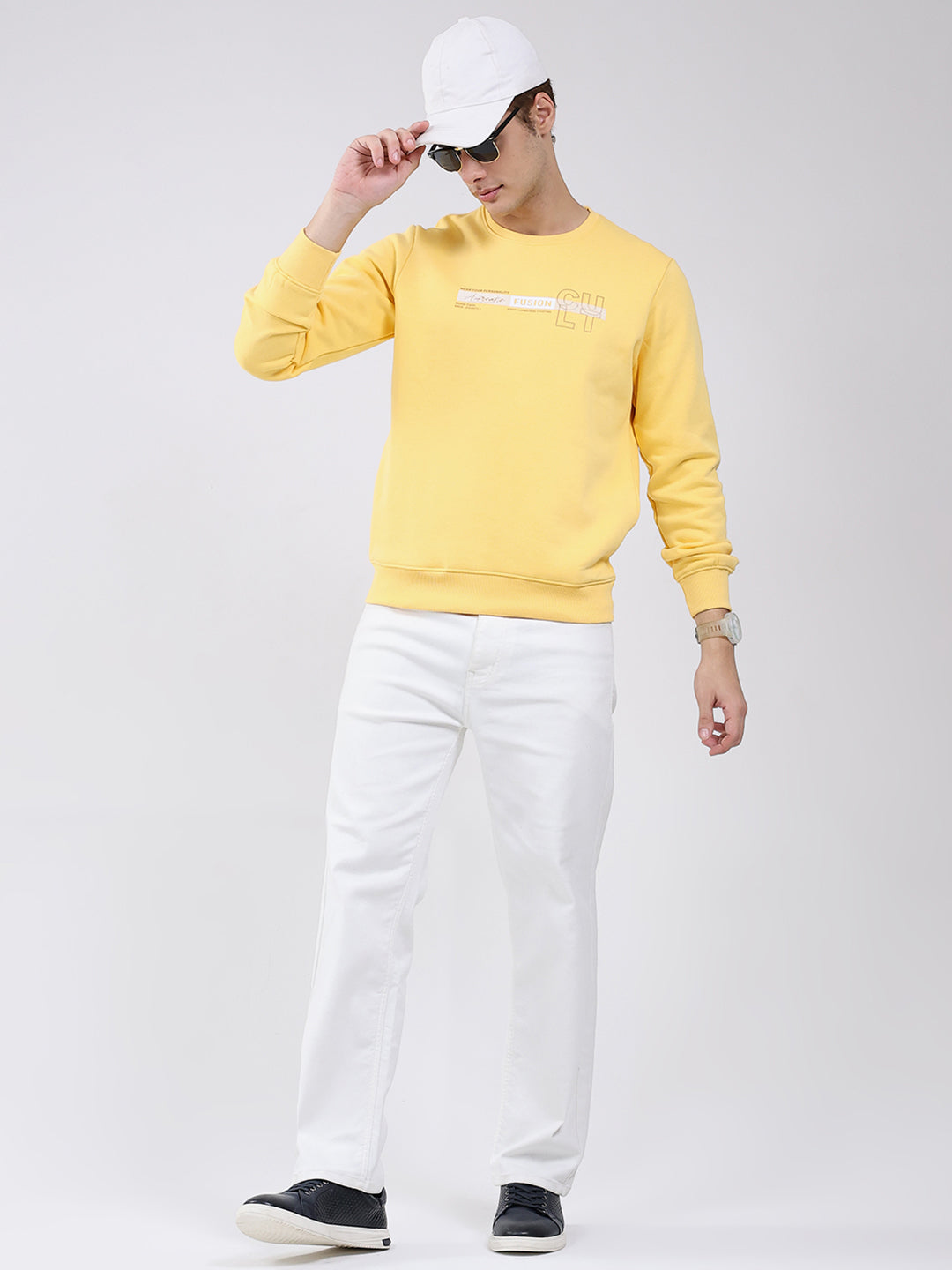 Men Yellow Solid Round Neck Full Sleeve Sweatshirt