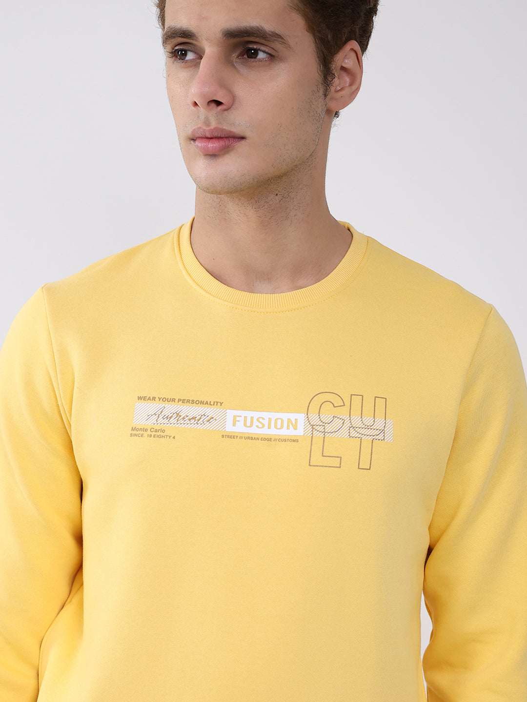 Men Yellow Solid Round Neck Full Sleeve Sweatshirt