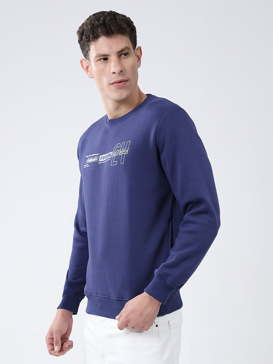 Men Blue Solid Round Neck Full Sleeve Sweatshirt