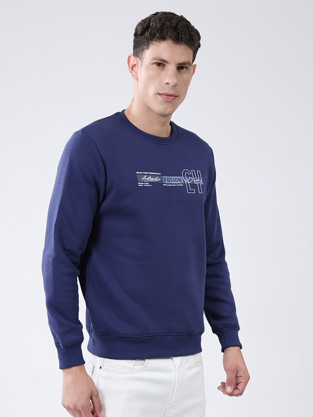 Men Blue Solid Round Neck Full Sleeve Sweatshirt