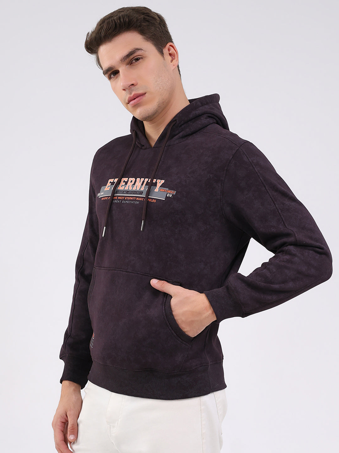 Men Purple Printed Hooded Full Sleeve Sweatshirt