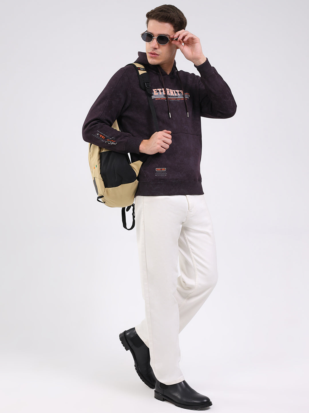 Men Purple Printed Hooded Full Sleeve Sweatshirt