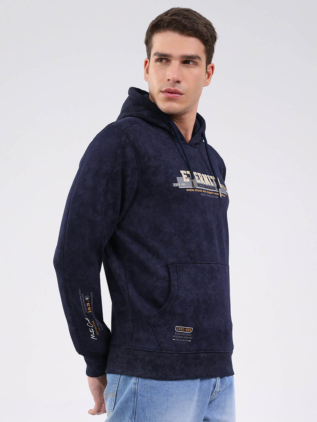 Men Navy Blue Printed Hooded Full Sleeve Sweatshirt