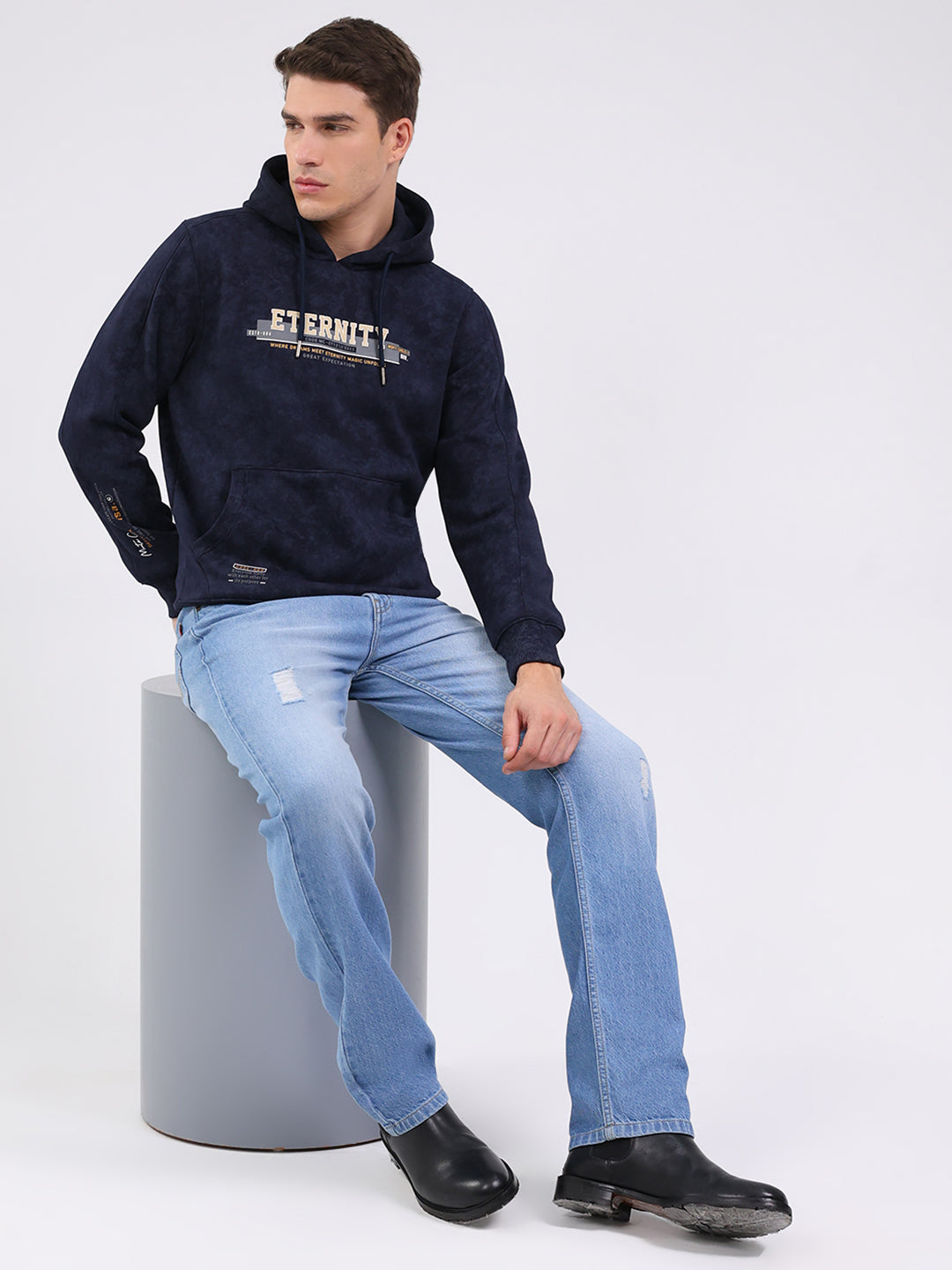 Men Navy Blue Printed Hooded Full Sleeve Sweatshirt