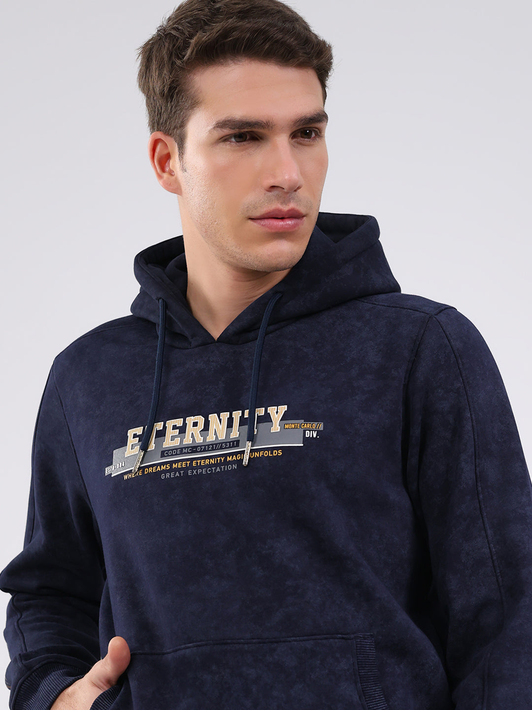 Men Navy Blue Printed Hooded Full Sleeve Sweatshirt