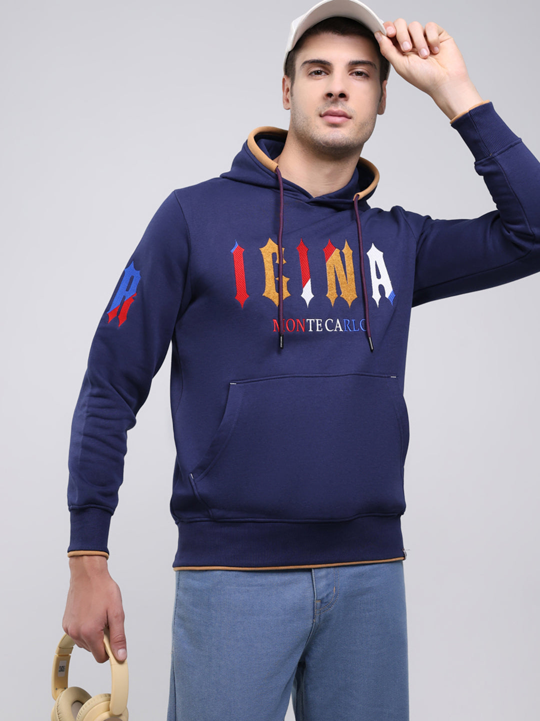 Men Blue Printed Hooded Full Sleeve Sweatshirt