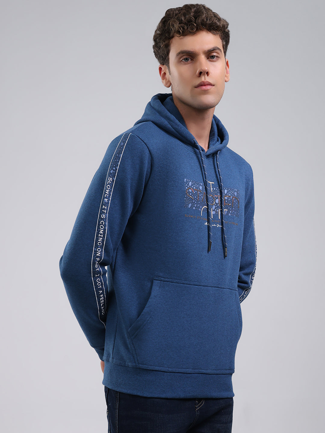 Men Teal Blue Solid Hooded Full Sleeve Sweatshirt