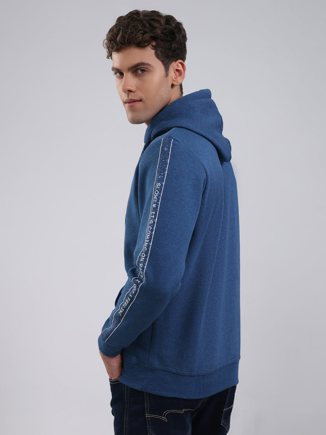 Men Teal Blue Solid Hooded Full Sleeve Sweatshirt