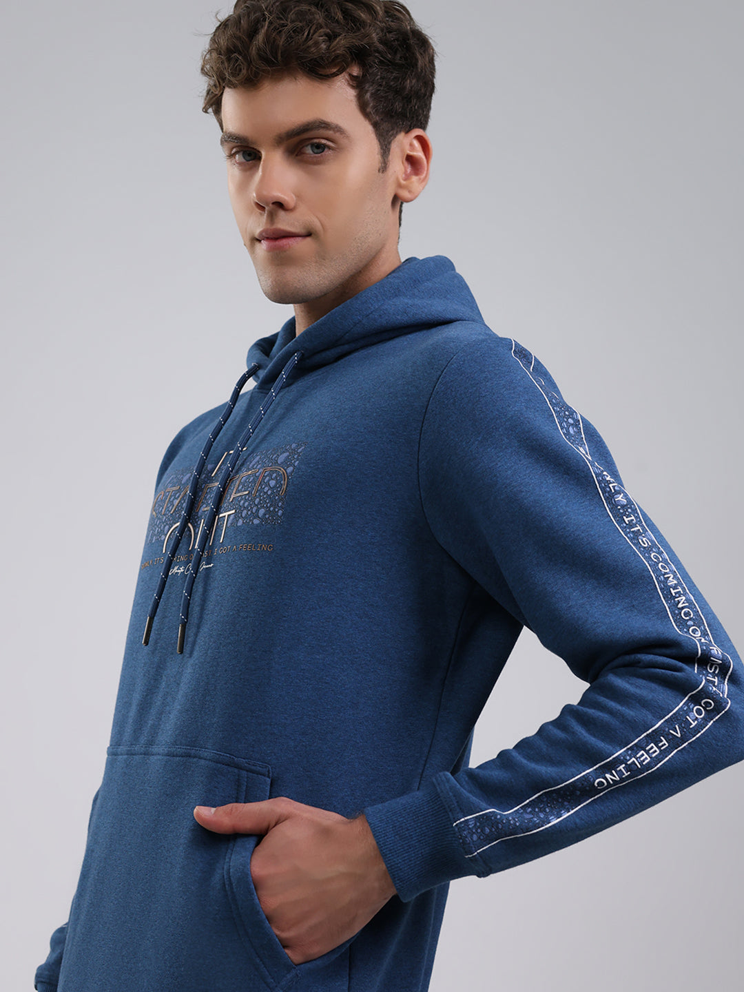 Men Teal Blue Solid Hooded Full Sleeve Sweatshirt